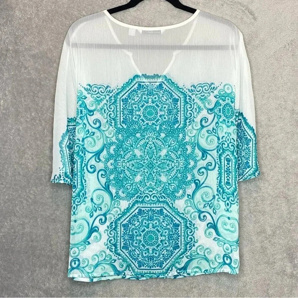 ISAAC Mizrahi M Medium Top Shirt Blue Paisley Short Sleeve V Neck Sheer P21 - Picture 5 of 6